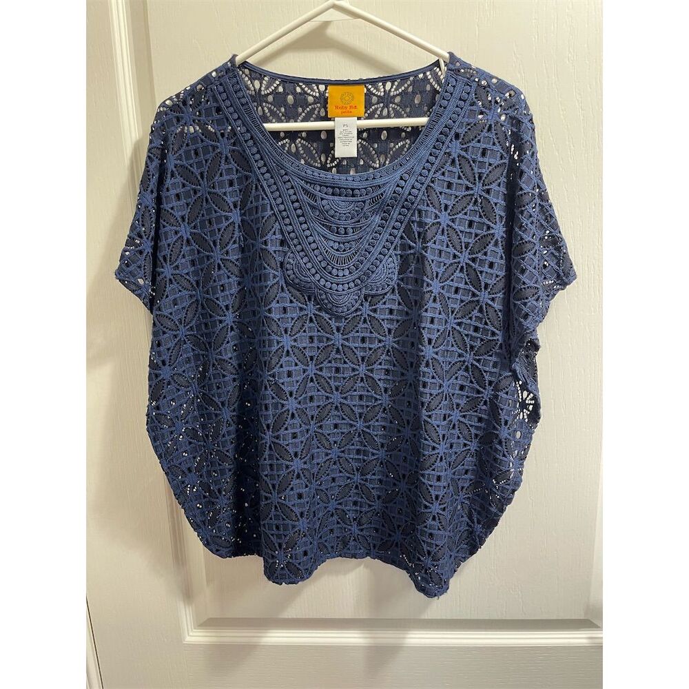 Ruby Rd. Petite Women's Navy Blue Crochet Top Size S Casual Blouse sku162